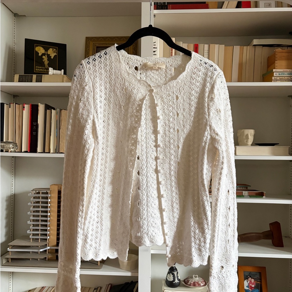 Sezane White Crochet Knit Cardigan